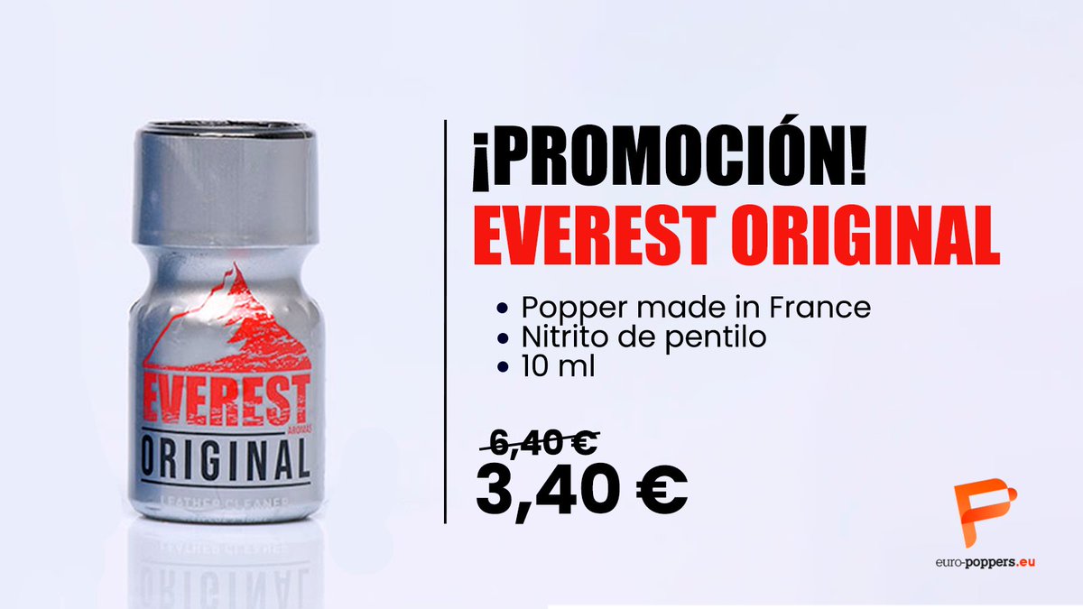 EuroPoppers_ES's tweet photo. ⏰ Oferta limitada ⏰
El Everest Original, a base de pentilo, a solo 3,90 €
👉 https://t.co/a3jeTJrx1O
#EuroPoppers #poppersfun #popperbating #popperaddict #ppbh #popperspig #FelizMartesATodos #Everest https://t.co/NZ0SaqgdmL