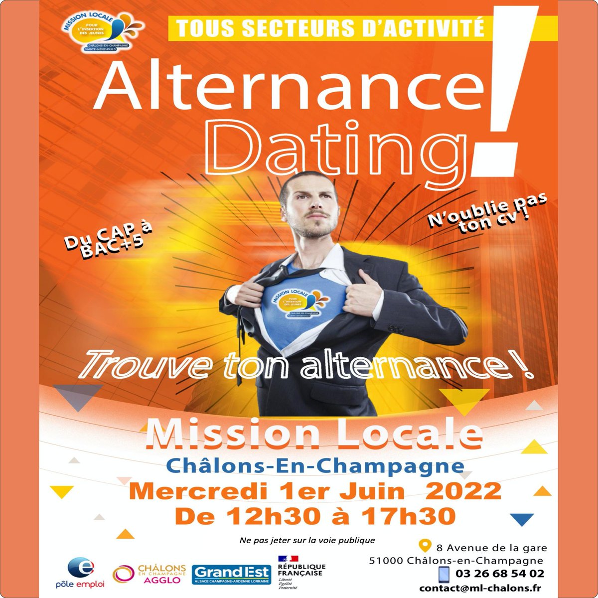 ✅Trouvez votre Alternance avec la Mission Locale !
📌Le MERCREDI 1ER JUIN, 12H30 - 17H30 à la Mission Locale de Châlons-en-Champagne
Une réelle opportunité à ne pas manquer 📅🤝📝!
Employeurs, Centres de formation, Conseils, Informations et Animations rythmeront cet après-midi👍