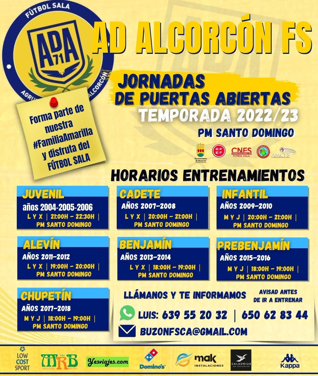 ADAlcorconFS's tweet photo. ¿Quieres unirte a la #FamiliaAmarilla? 💛😏

Aquí tienes ⤵️

¡JORNADA DE PUERTAS ABIERTAS!

✔️ Entrena con nosotros, conócenos, te divertirás y aprenderás 👍

✔️ Todas las categorías en base desde Chupetín a Juvenil.💪

#123Alcorcón💛

Más info ⤵️ https://t.co/KXODkzMkis