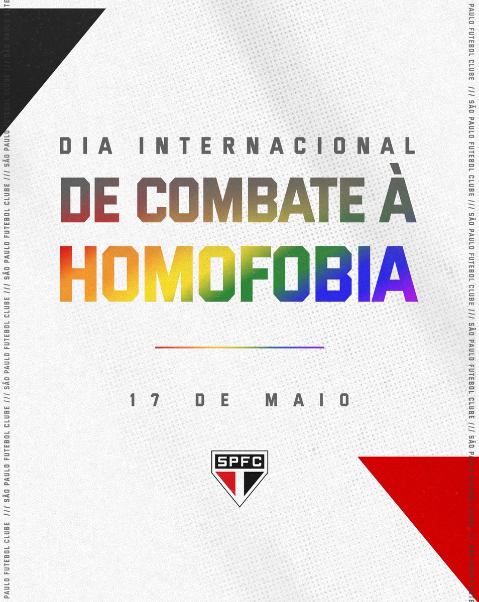 SaoPauloFC's tweet photo. Respeito é tarefa diária que deve ser exercida por todos. Por isso, falamos: 𝗡Ã𝗢 À 𝗛𝗢𝗠𝗢𝗙𝗢𝗕𝗜𝗔 ✋

17/5 - Dia Internacional de Combate à Homofobia https://t.co/ehUrQwLVnE