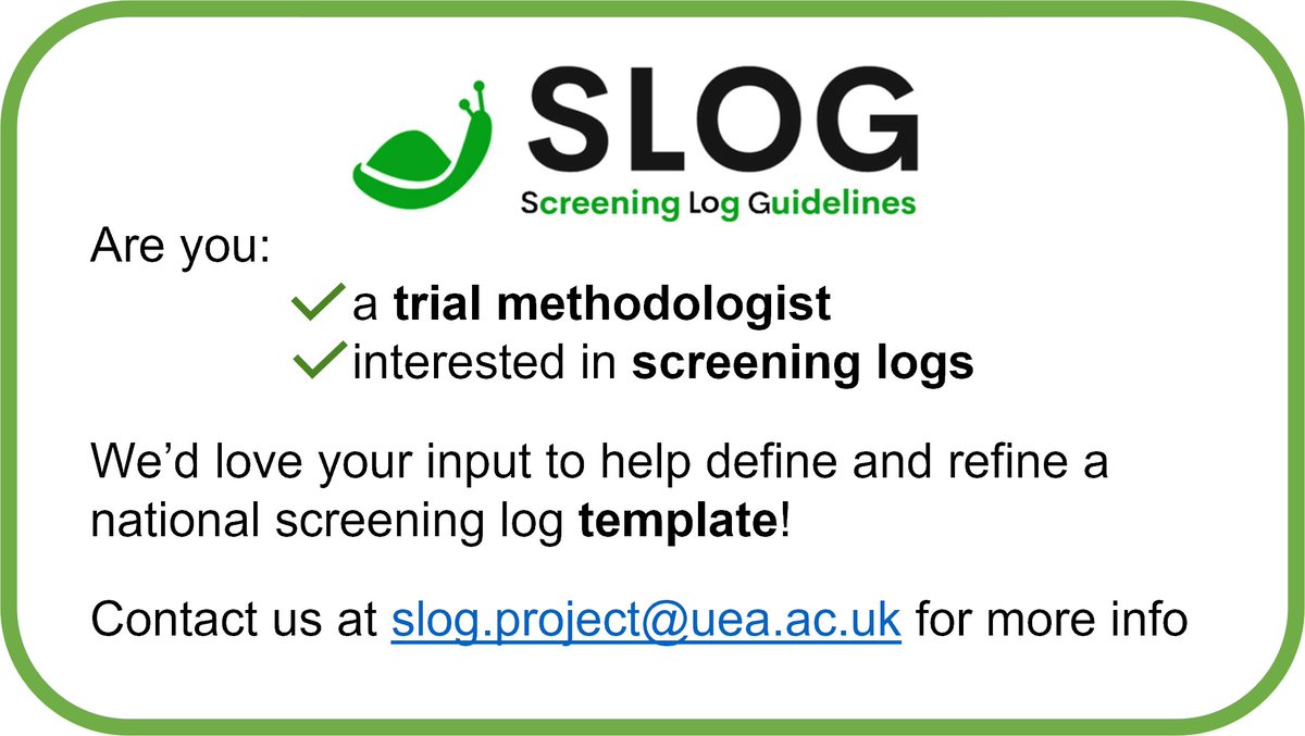 Norwich CTU (@norwichctu) on Twitter photo Are you a trial methodologist, interested in screening logs? As part of our #NIHR project looking at a standardised model for screening data, we're hoping to produce a template for wide use, and would value your input! Email slog.project@uea.ac.uk to get involved #MRCNIHRTMRP Are you a trial methodologist, interested in screening logs? As part of our #NIHR project looking at a standardised model for screening data, we're hoping to produce a template for wide use, and would value your input! Email slog.project@uea.ac.uk to get involved #MRCNIHRTMRP