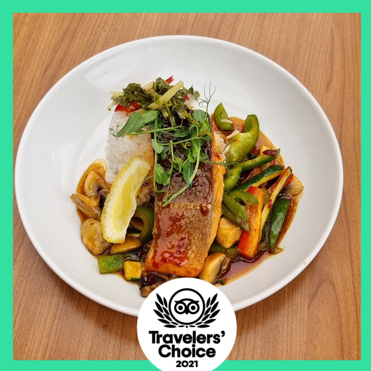 From Our Specials Today.. 
Soya &amp; Ginger Marinated Fillet of Salmon, Wok Fried Veg, Basmati Rice, Coriander &amp; Chilli Pickle €16.95

Jacob's Ladder Restaurant at WatersEdge Hotel, Cobh