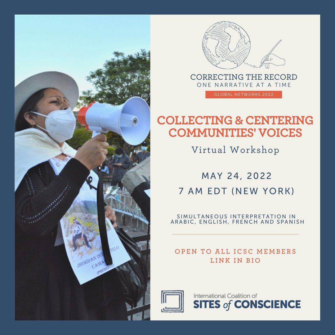 SitesConscience's tweet photo. On May 24, we invite #SitesofConscience members to join us for a virtual capacity-building workshop on “Collecting and Centering Communities Voices.” Topics: community-based oral history, archiving, documentation projects.
Learn more and register
https://t.co/ZNBzprTXQY https://t.co/ZXAChYsrtm