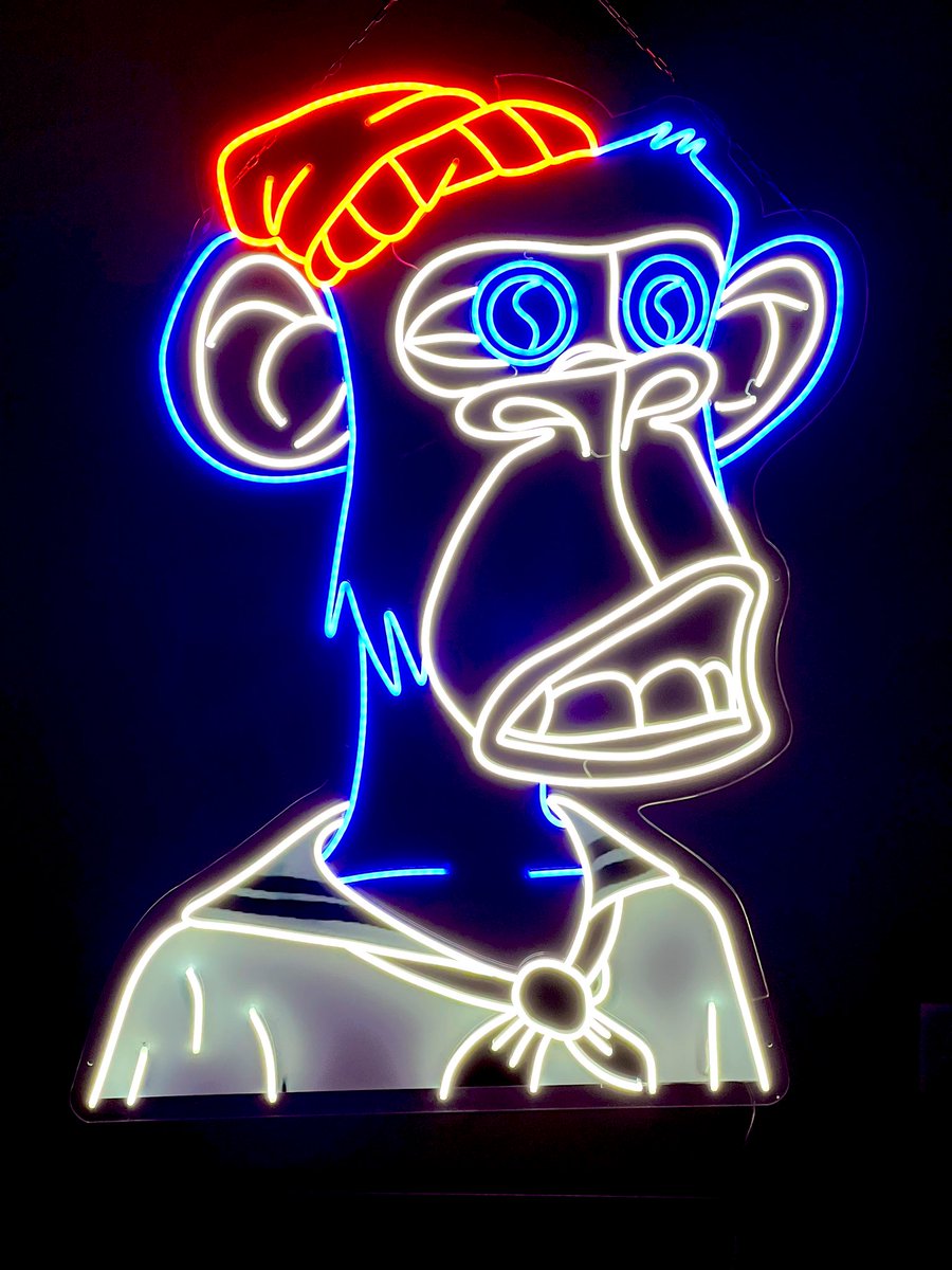 studioventures's tweet photo. Big thanks to @NeonApesYC for this impressive neon recreation of bayc #7139. Went with blue eyes, cuz we all know that’s Apecoin he’s focused on. @BoredApeYC @NFTVahlt #BoredApeYachtClub https://t.co/5wU7ofBJ3o