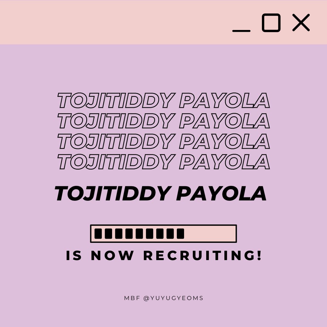 TOJITIDDY PAYOLA IS NOW RECRUITING !

- 7 plugs
- 40-50+ likes GUARANTEED 
- multifandom
- we have like acc for yall to cu easier
- there will be 1 spy tweet 
- mbf <a href="/YUYUGYEOMS/">lala ♡</a> 

RT &amp; reply to join