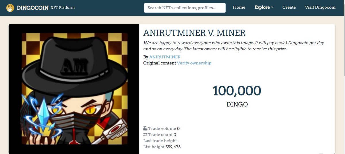 ANIRUTMINER V. MINER
We are happy to reward everyone who owns this image. It will pay back 1 Dingocoin per day and so on every day. The latest owner will be eligible to receive this prize.
By ANIRUTMINER
Original content Verify ownership
#NFT #DINGOCOIN #EXBITRON.com #BTC #ETH