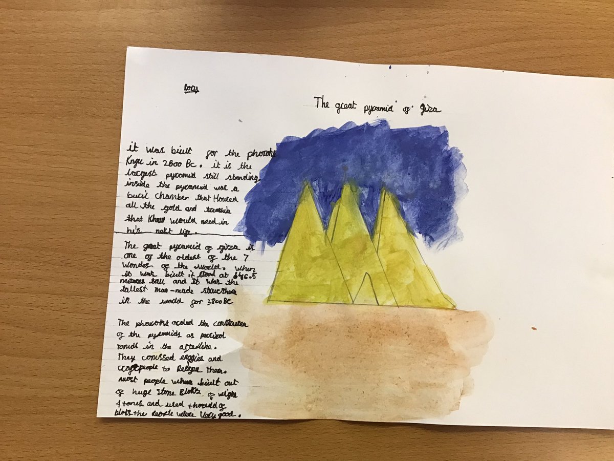 KPAAshClass's tweet photo. Team Ash have combined our artistic skills and historical research skills to create a non-chronological report about the Great Pyramid of Giza. #KeelbyArt #KeelbyHistory #KeelbyEnglish @KeelbyPrimary https://t.co/f59h5MzaDH