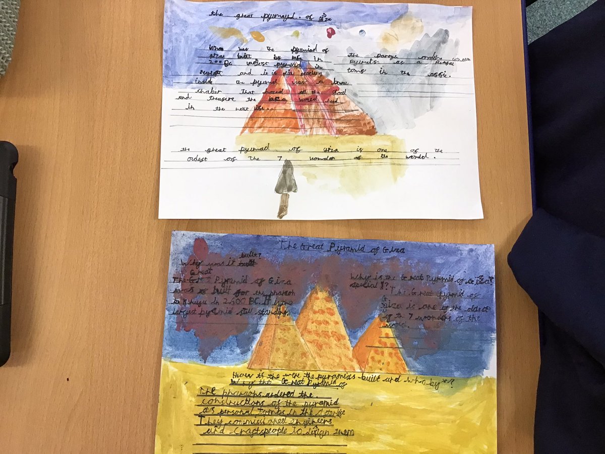 KPAAshClass's tweet photo. Team Ash have combined our artistic skills and historical research skills to create a non-chronological report about the Great Pyramid of Giza. #KeelbyArt #KeelbyHistory #KeelbyEnglish @KeelbyPrimary https://t.co/f59h5MzaDH