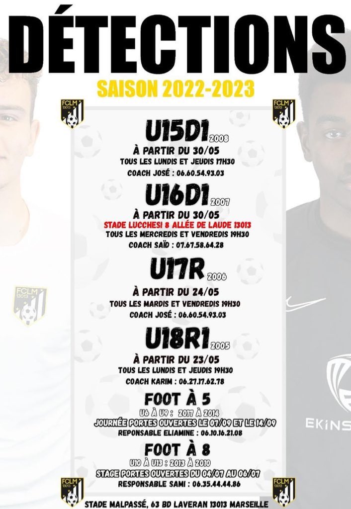 FclMalpasse's tweet photo. Le programme des séances de détections pour la saison 2022-2023 est lancé ⚪️🟡⚫️

#TeamFCLM #Malpassé https://t.co/7kv5m2ykye