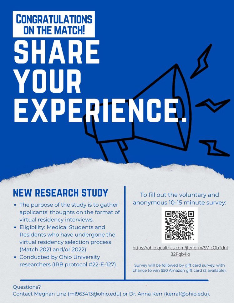 PGY-0/PGY-1/RECENT MATCH APPLICANTS. Please see flyer below to participate in my study on virtual residency interviews. 

Link to survey: ohio.qualtrics.com/jfe/form/SV_cO…

Thank you in advance :) #MedTwitter #Match2021 #Match2022