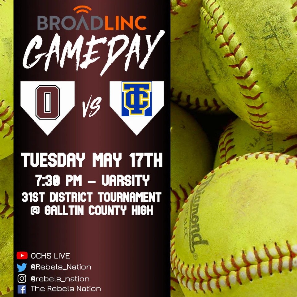 🥎 <a href="/getbroadlinc/">Broadlinc</a> LADY REBELS GAMEDAY 🥎

31st District Tournament

<a href="/Rebels_OCSB/">Owen County Softball</a>
vs 
<a href="/TrimbleSoftball/">Trimble County Softball</a> 

📍<a href="/GallatinSchools/">GallatinCoSchools</a>
⏰ Varsity - 7:30 PM
 #WEareOC #RepTheO #OCSB