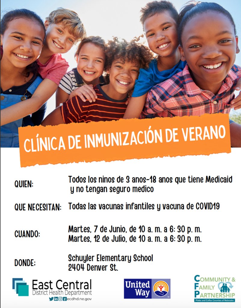 SchuylerSMS's tweet photo. Summer Immunization Clinics: June 7, 10am - 6:30 pm &amp; July 12, 10am - 6:30pm, this is for any kids aged 3-18 yrs. The Clinic will be held at the Schuyler Elementary building. https://t.co/TAYbtg4421