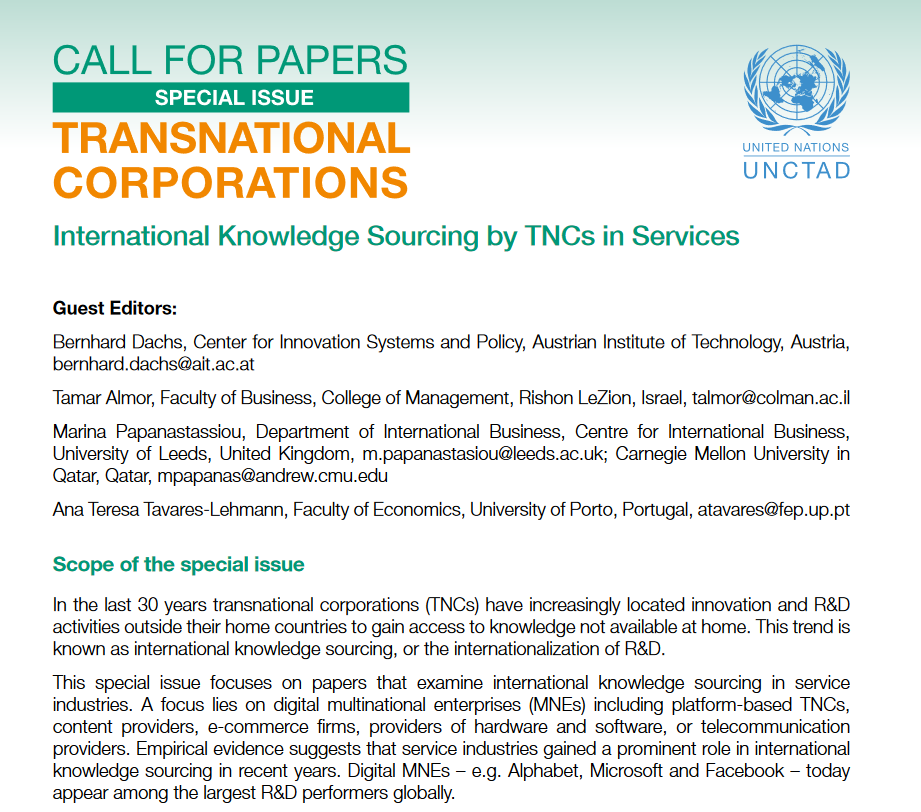 👇 Highly interesting #callforpapers for researchers working on R&amp;D internationalisation and international knowledge sourcing in services | special issue in Transnational Corporations edited by my colleague #BernhardDachs | unctad.org/system/files/i…