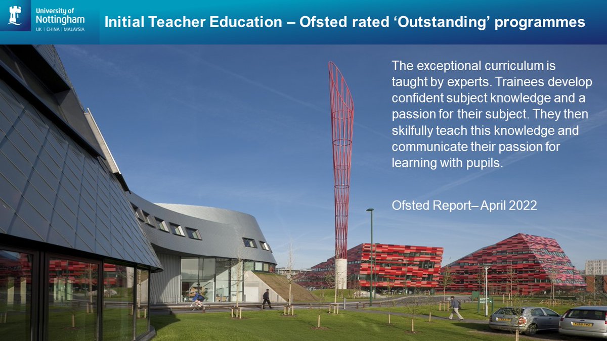 #Ofsted recently acknowledged our #ITE staff as experts, our curriculum as exceptional and our trainees as passionate and confident.

If you want to become a passionate and confident teacher, join the UoN_ITE team and #TraintoTeach with <a href="/UniofNottingham/">Uni of Nottingham #WeAreUoN</a>. 

bit.ly/2SQnJVc
