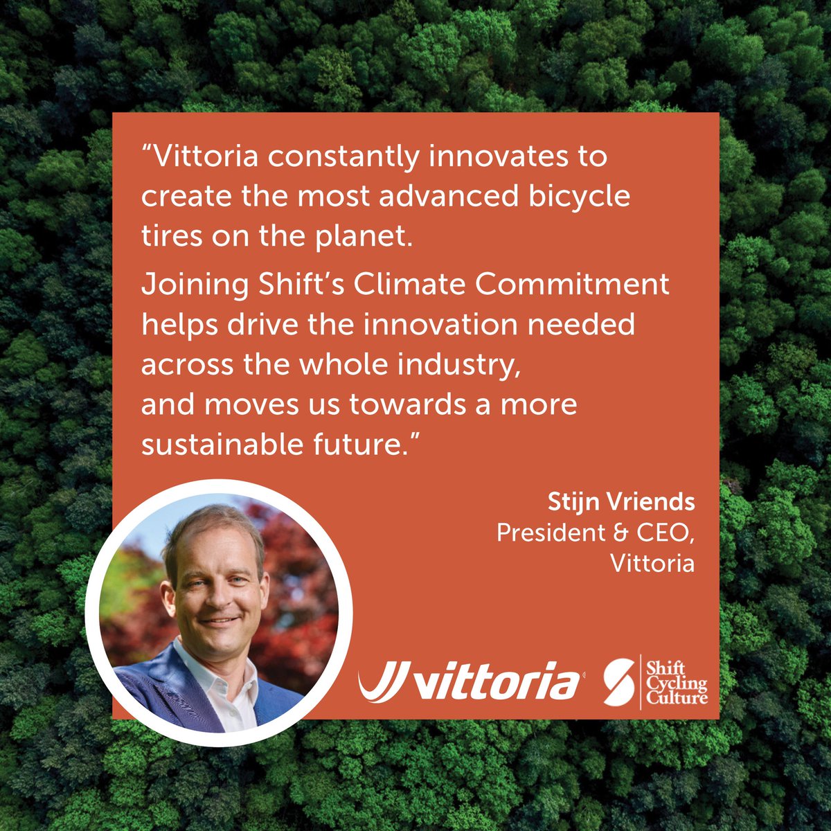 ShiftCyclingC's tweet photo. Our #ClimateCommitment is gaining momentum, with some of the largest cycling companies continuing to sign up.

@stijnvriends, CEO of @vittoriatyres, sees innovation as the key to a more sustainable industry.

More info here → https://t.co/U7ctipsiiX https://t.co/h29sGfCBFD