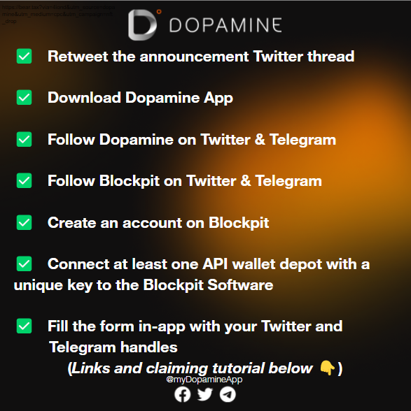 myDopamineApp's tweet image. 👀 7 quick steps to win the Blockpit x Dopamine NFT 📚

Please make sure to connect a wallet, otherwise you won’t be eligible to receive the NFT!