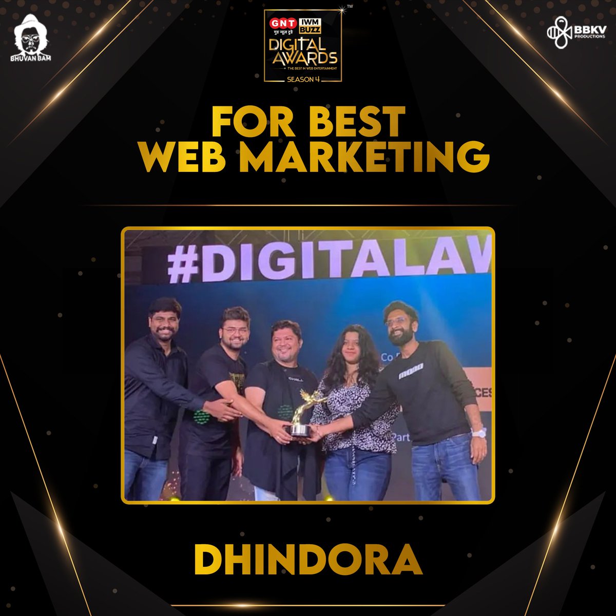 The Duo for Dhindora ✌️
#IWMBuzzDigitalAwards
The man himself is leading from the front with the Breakthrough Performer of the Year  @Bhuvan_Bam

And our bang on marketing team!

Congratulations everyone ❤️