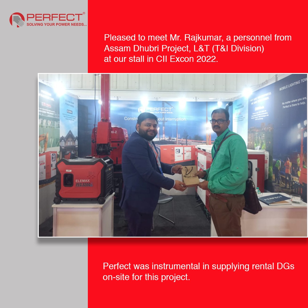 Perfecthouseltd's tweet photo. Mr. Rajkumar visited our stall at CII Excon. He was associated with the Assam Dhubri Project for L&amp;T (T&amp;I Division) for which Perfect supplied rental diesel gensets. 
Come visit us at Stall B 36 at the CII Excon; Hall-4, Lower Level; BIEC, Bangalore. https://t.co/3UzF5aTFIe