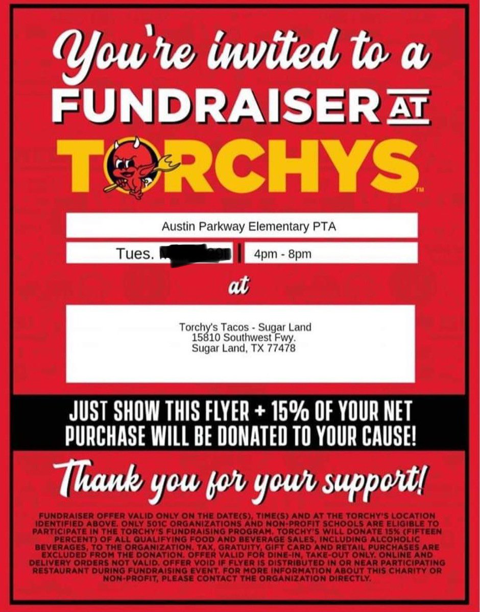 Taco Tuesday!! Don’t forget about spirit night this evening! 🌮 At Torchys Tacos in Sugar Land 4-8p