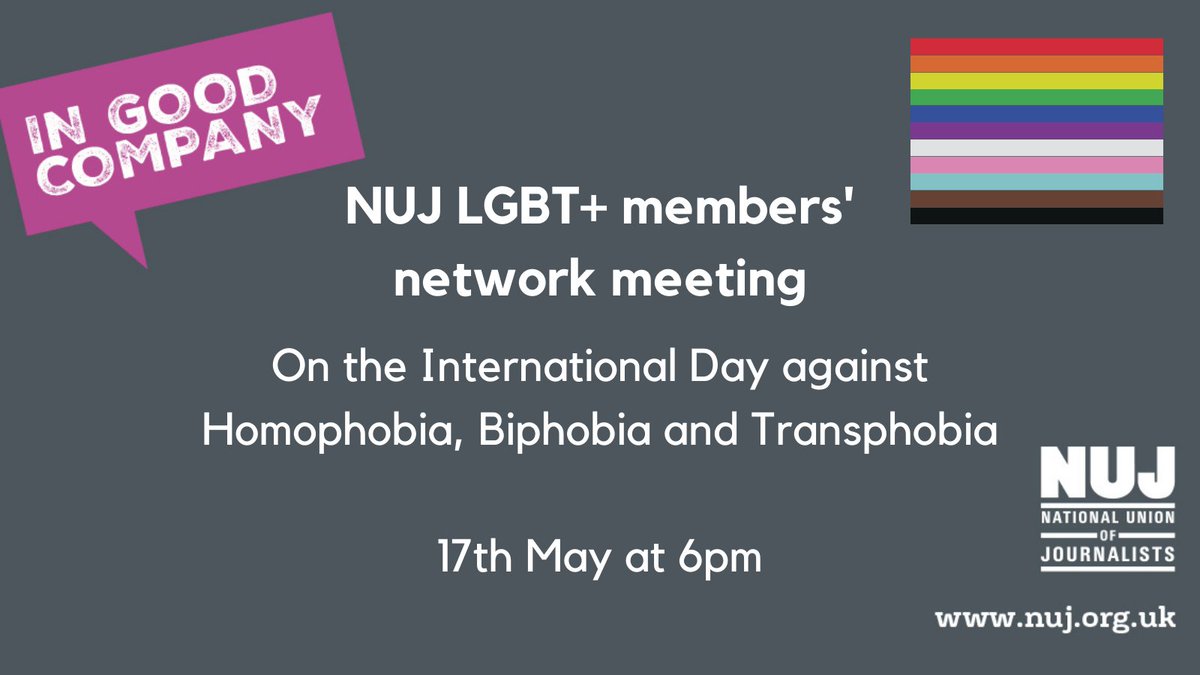 It is the International Day Against Homophobia, Transphobia and Biphobia. 
A reminder to NUJ members - we are holding our LGBT+ members' network meeting at 6pm today. We'll have a fascinating guest speaker.
If you'd like the link please DM me or email Campaigns. <a href="/OxfordNUJ/">Oxford NUJ</a> <a href="/ftnuj/">FT Group NUJ Chapel</a>
