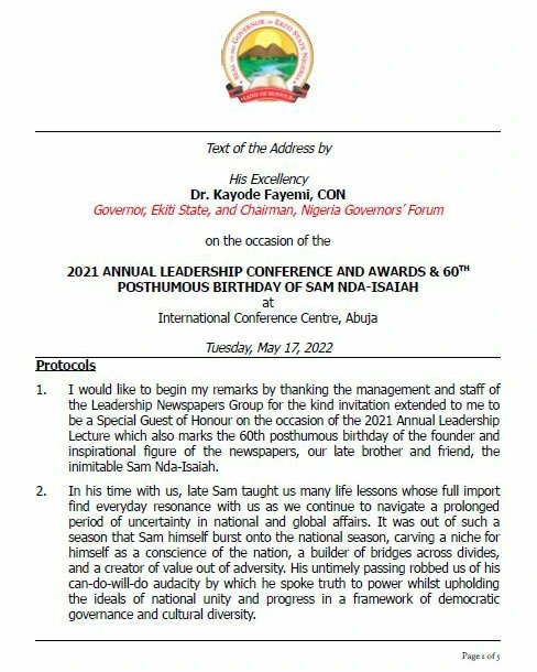 fayemifor9ja's tweet photo. Dr. Kayode Fayemi, CON
Governor, Ekiti State, and Chairman, Nigeria Governors’ Forum's speech at the  2021 Annual Leadership Conference and Awards &amp; 60th Posthumous Birthday of Sam Nda-Isaiah at International Conference Centre, Abuja.

#ThatNigeriaMayProsper https://t.co/6qpD3pw6Uc