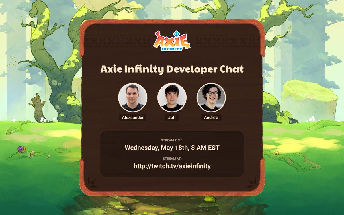Join us tomorrow at 8 AM EST for a chat with <a href="/Psycheout86/">Psycheout.ron</a> <a href="/Jihoz_Axie/">Jihoz.ron</a> &amp; <a href="/ZyoriTV/">Andrew Campbell</a>!

- Origin progress ⚔️
- Ronin Bridge 🌉
- Land Staking 🏛️
- ???????????

📺: twitch.tv/axieinfinity