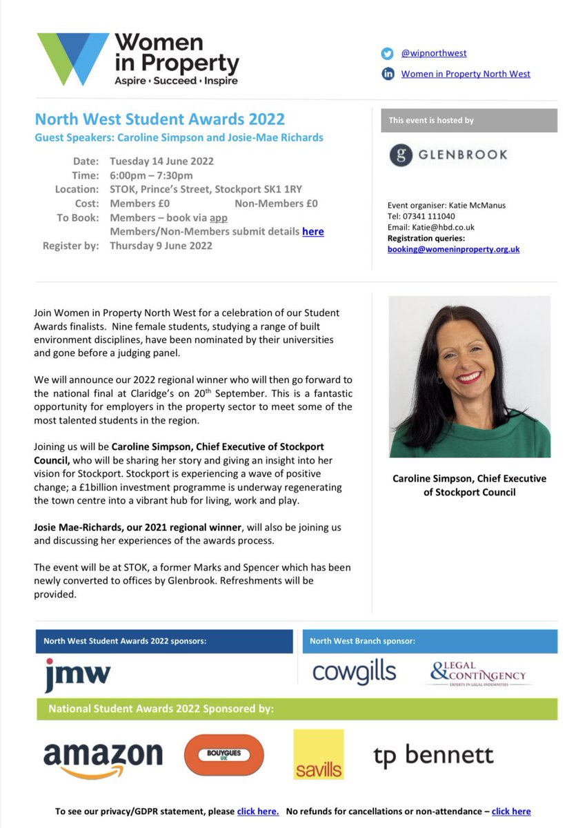 🔹Join us for our Women in Property NW Student Awards on Tues 14th June, 6pm <a href="/hellostok/">hellostok</a> kindly hosted by @Glenbrookprop We‘ll celebrate our 9 female student finalists &amp; our guest speakers are <a href="/SMBC_chiefexec/">Michael Cullen</a> <a href="/StockportMBC/">Stockport Council</a> &amp; @jjosie_mae our 2021 regional winner! Book via the app🔹