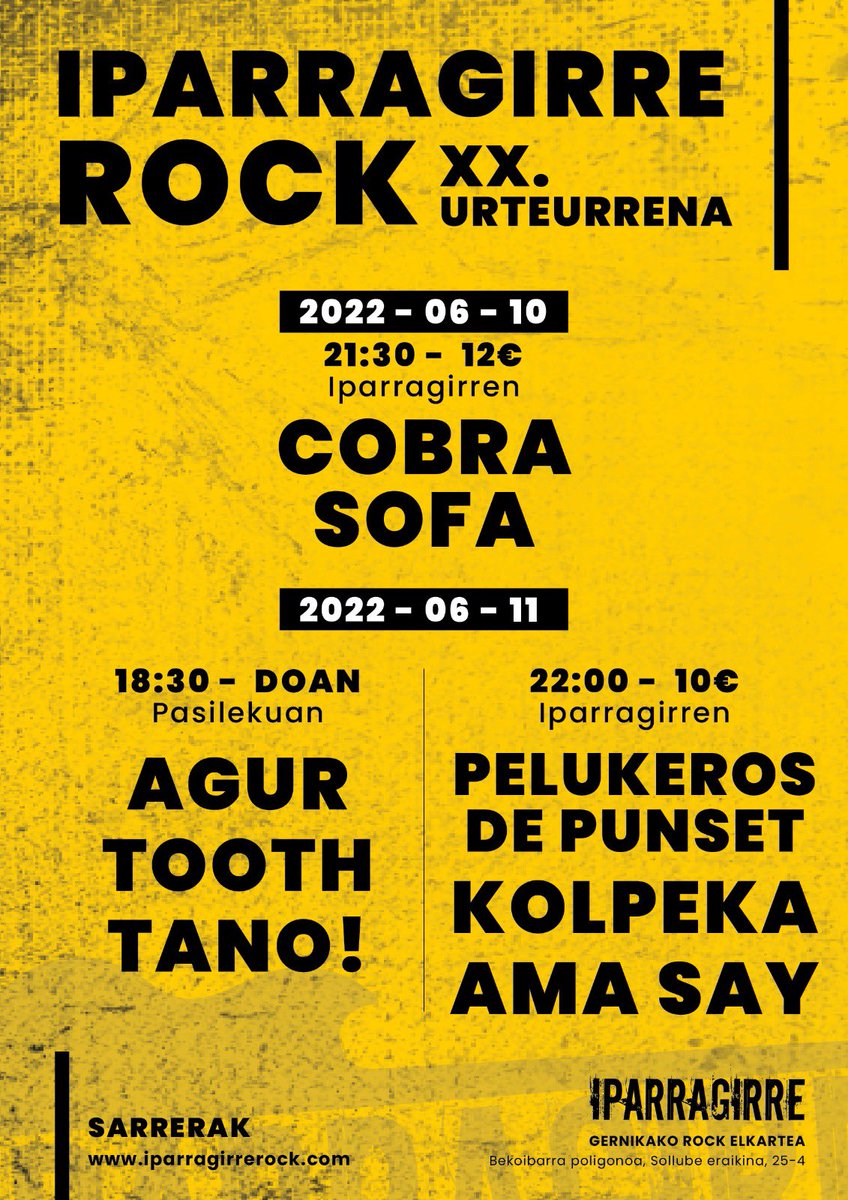 IparragirreRock's tweet photo. Iparragirrek XX urte bete zituen pandemia garaian. Kulturarentzat horren une zailetan ezin izan genuen ospatu, baina hemen gatoz, bi urte beranduago, Iparragirreren XX. urteurrena ospatzera! Hona hemen horretarako prestatu dugun bi eguneko egitaraua. https://t.co/lJ8dIsXPFn