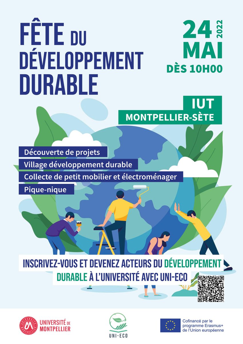 #DeveloppementDurable 🍃 I UNI-ECO, c’est LE projet en faveur du développement durable sur le campus. L'occasion de célébrer la Fête du développement durable : 📅 24 mai 2022 ⏰ 10h à 14h 📍 IUT Montpellier-Sète #UniEco @UniEcoProject @EUErasmusPlus 👉umontpellier.fr/articles/fete-…