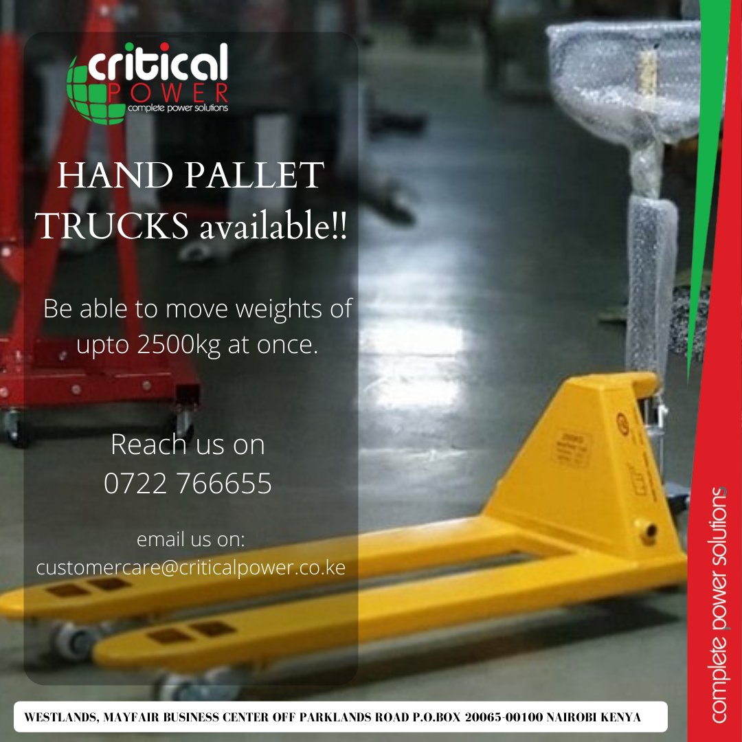 Why suffer lifting heavy items? Get your hands on our affordable Handle Pallet Trucks!! Enjoy the soft life from today!

Reach us on 0722 766655 | 020 3743075 or email: customercare@criticalpower.co.ke for more information.
criticalpower.co.ke