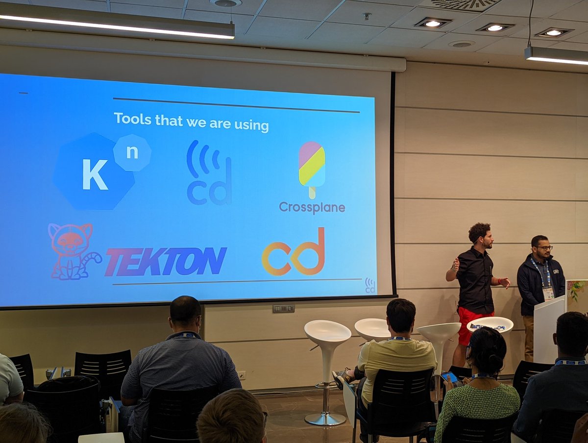 _cdevents's tweet photo. @salaboy and @ishankhare07 preparing for a demo with @KnativeProject @tektoncd @crossplane_io and @_cdevents at #CDEventsCon https://t.co/ziUevZ2ZTg