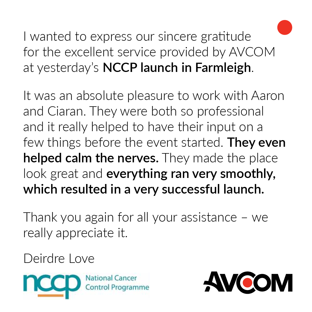 avcom_dublin's tweet photo. Kudos to #TeamAVCOM's Aaron Morgan and Ciaran O'Hea. Working with our client @HSELive at @opwfarmleigh, and this time on the @hseNCCP. 

Thank you to @FahertyDeirdre for the kind words!

#production #healthcare https://t.co/byNj2F1FIm