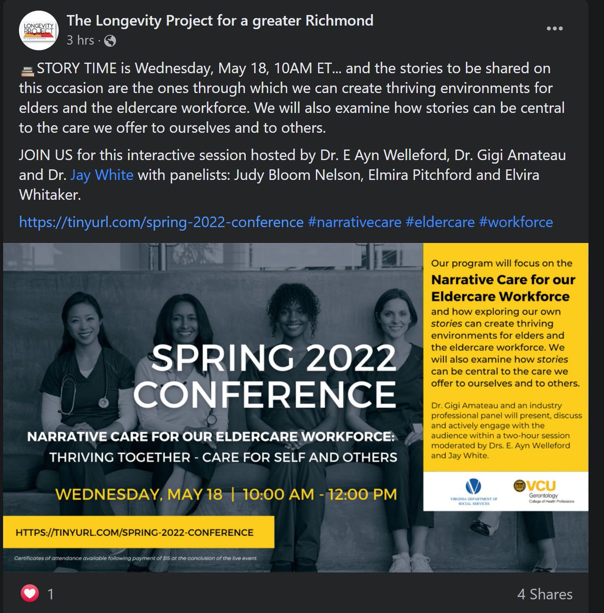 EAynWelleford's tweet image. Join us, tomorrow, for engaging stories in Narrative Care with @GigiAmateau @JayWhite, Judy Bloom Nelson, Elmira Pitchford AND MORE as we help creating thriving environments for our eldercare workforce. See you there! tinyurl.com/spring-2022-co… #narrativecare #eldercare #workforce