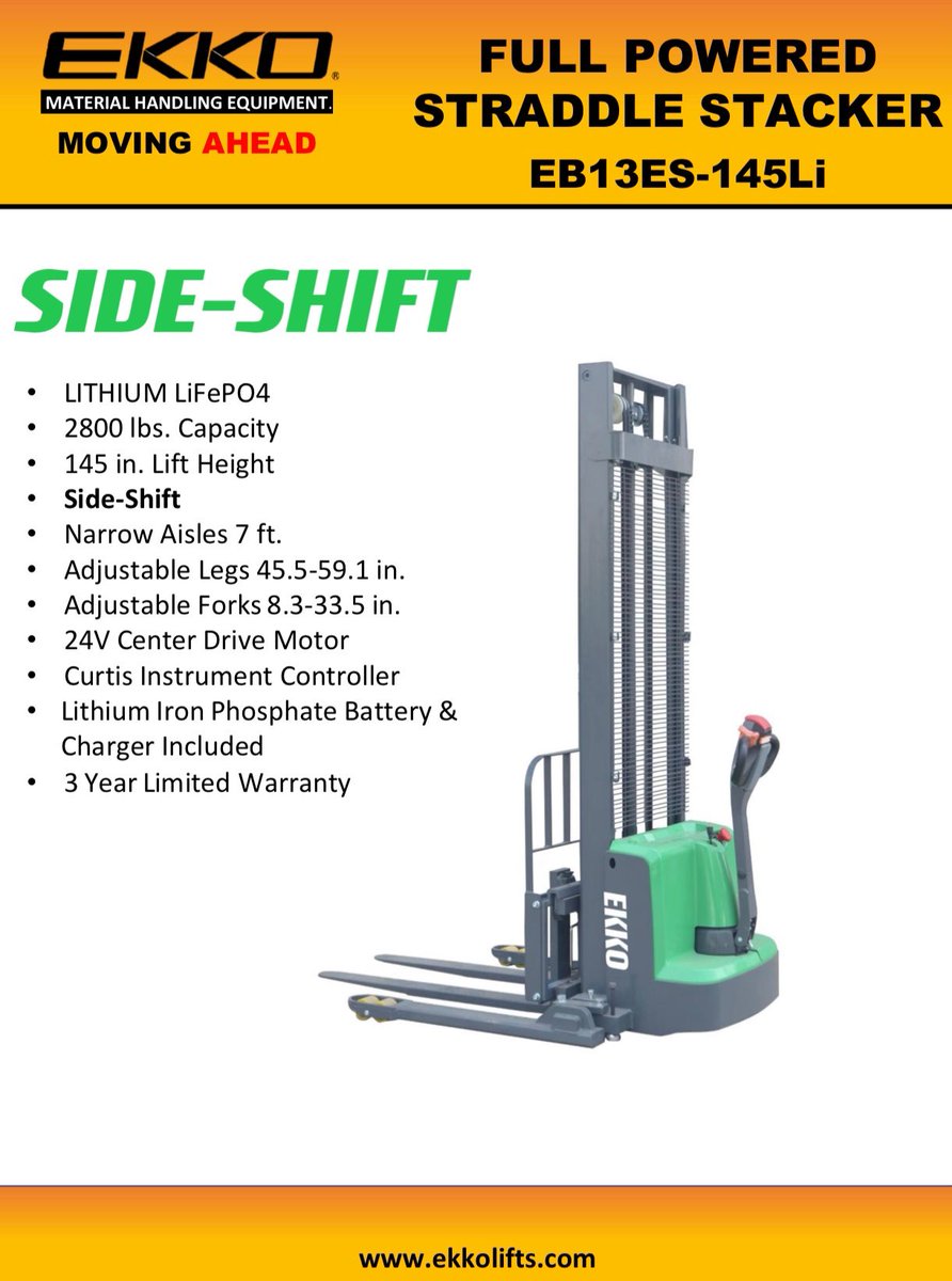 EKKOlifts's tweet photo. Check out our #EB13ES-145Li Lithium SIDE-SHIFT Straddle Stacker! 2800lb Cap, 145’’ Lift Height. 24V/50Ah Lithium-iron Battery, Curtis Controller, On-Board Charger, SIDE-SHIFT!Contact us and get yours today! https://t.co/WHEJyJileT | 877-232-6517 | info@ekkolifts.com #forklifts https://t.co/xaunXhAlnp