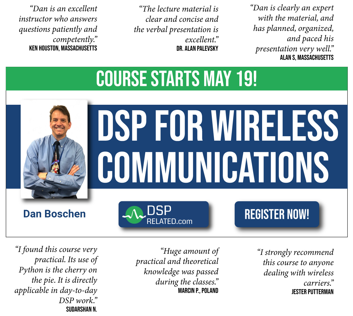 dsprelated's tweet image. Dan Boschen&apos;s DSP for Wireless Communications course starts this week with the release of the first class!  There&apos;s still time to register: dsprelated.com/course/DSP_For… #DSP