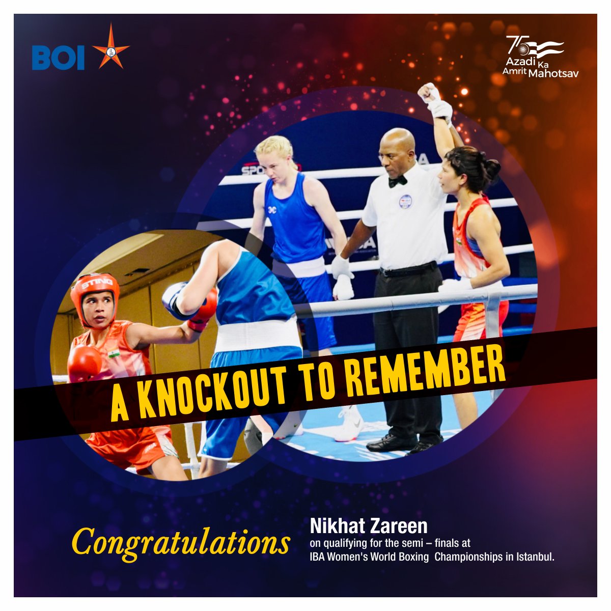BankofIndia_IN's tweet photo. One more win &amp; many more to come! Bank Of India Staff Officer and champion boxer Nikhat Zareen goes closer to her Gold medal by defeating England's Charley Sian Davison (5-0).  With this knockout, she has secured a place in IBA Women's World Boxing Championship semifinal. https://t.co/60U0u7FFWI