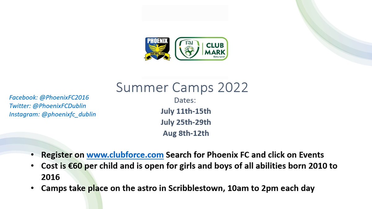PhoenixFCDublin's tweet photo. We're delighted to announce details of our 2022 Summer Camps. Places are limited and due to high demand are filling quickly.
Log on to https://t.co/bGtcYJPcnS to register. We look forward to seeing you there
#pfc
#thenix
#Summer2022 https://t.co/JjDhul7Uwm