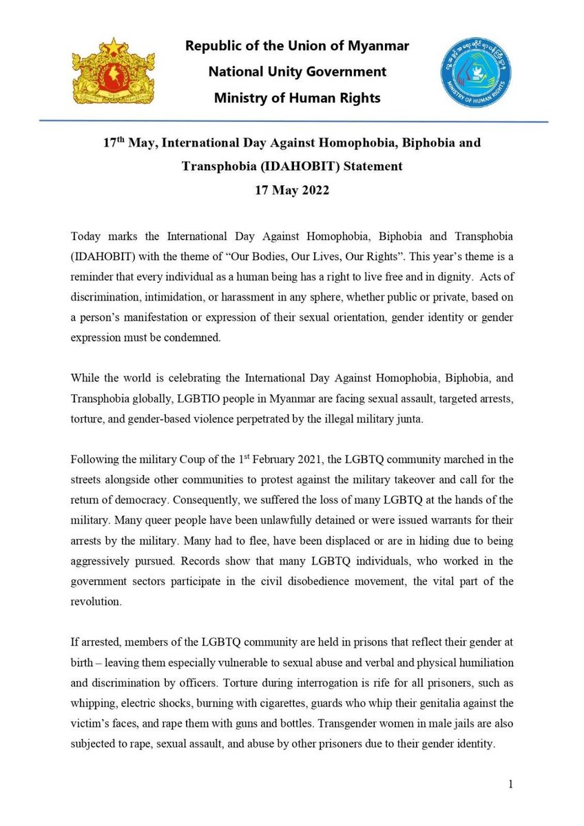 aung_myo_minn's tweet photo. On this occasion of #IDAHOBIT, we salute the Myanmar #LGBTIQA community members who stood up for freedom, justice, and equality throughout the history of the military regime, and those who still resist the military regime to this day.

#WhatsHappeningInMyanmar #IDAHOBIT2022 https://t.co/U50iLZyZ4B