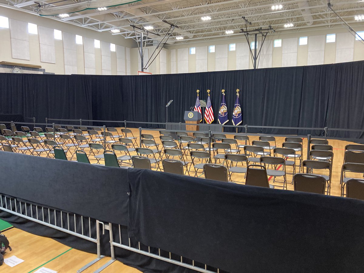 Dooley_ORourke's tweet photo. The gymnasium at the Delevan Grider  Center is all set for @POTUS Who is scheduled to speak this afternoon with families of the victims of the tops supermarket massacre. @WGRZ https://t.co/iPSq7MKVVd