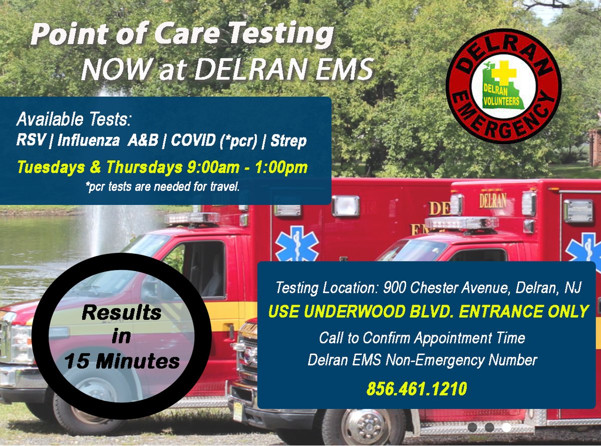 Attention Delran Residents- We are pleased to announce that Delran Emergency Squad is now offering testing for Covid-19, Strep, RSV and Influenza A&amp;B! If you are in need of a test or have questions, please call the EMS non-emergency number at 856-461-1210.