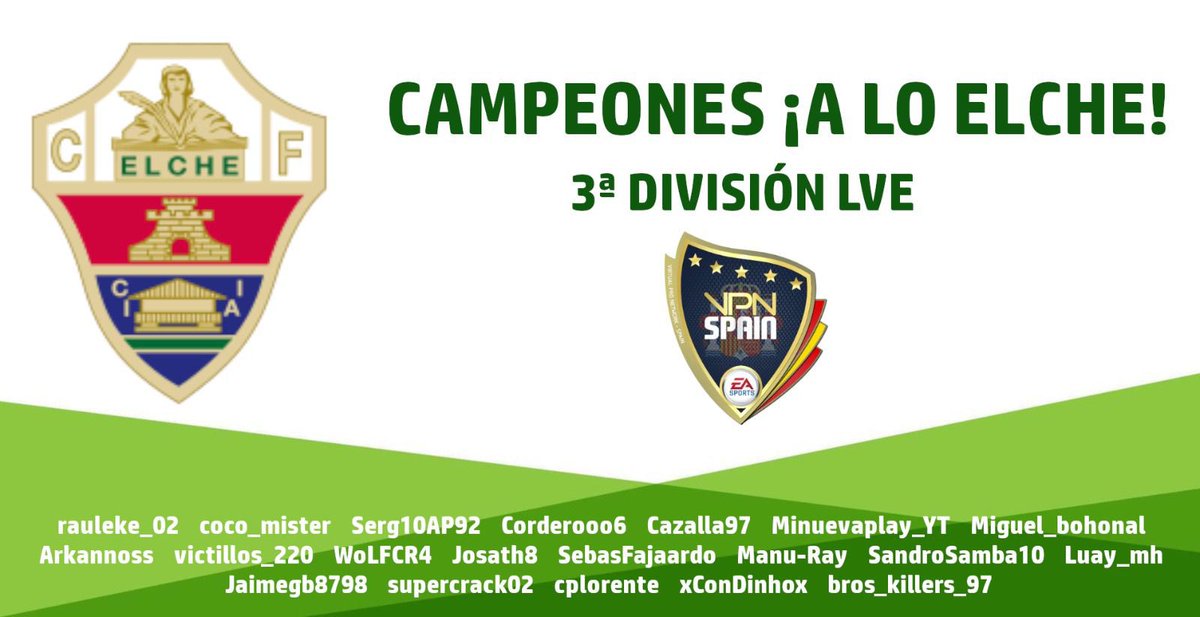 🏆CAMPEONES DE 3 LVE🏆

Gracias a TODOS los jugadores que han pasado y están por el equipo. Este TROFEO es #ALOELCHE 💚🤍 

CAMPEEEEOOOOONES CAAMPEEEEOOOONESS OEEEEE OEEEE OEEEEEE💚🤍🏆
