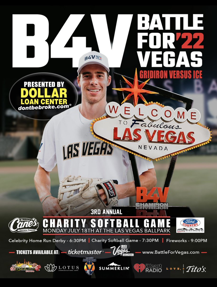 battleforvegas's tweet photo. Join us on Monday, July 18 at @thelvballpark for the Battle For Vegas hosted by @reillysmith18 &amp; presented by @DontBeBroke.  The 2 all-star teams will “battle” it out for bragging rights all for a good cause benefiting the @VGKFoundation.  Tickets go on-sale Friday @ Noon. #B4V22 https://t.co/Ms9HNNrkDE