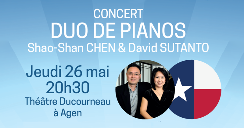 villeagen's tweet photo. #Agen  CONCERT DUO DE PIANOS 🎹 Avec  Shao-Shan CHEN &amp; David SUTANTO // Le jeudi 26 mai à 20h30 au Théâtre Ducourneau // Organisé par le Comité de jumelage Agen Corpus Christi. Tarif adulte : 10 € // Moins de 18 ans : gratuit
Pour réserver en ligne 👉 https://t.co/lXDGWPF8rP https://t.co/F0ybeM5UPf