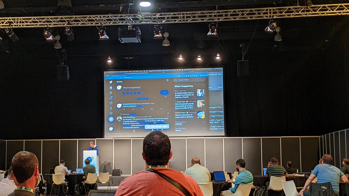 Cool demo @KnativeProject #KnativeCon of @ro14nd using #CamelK kamelets with #Knative Eventing to translate tweets with Google translate and send them to a Slack channel 😎 #KubeCon #CloudNativeCon #RedHat