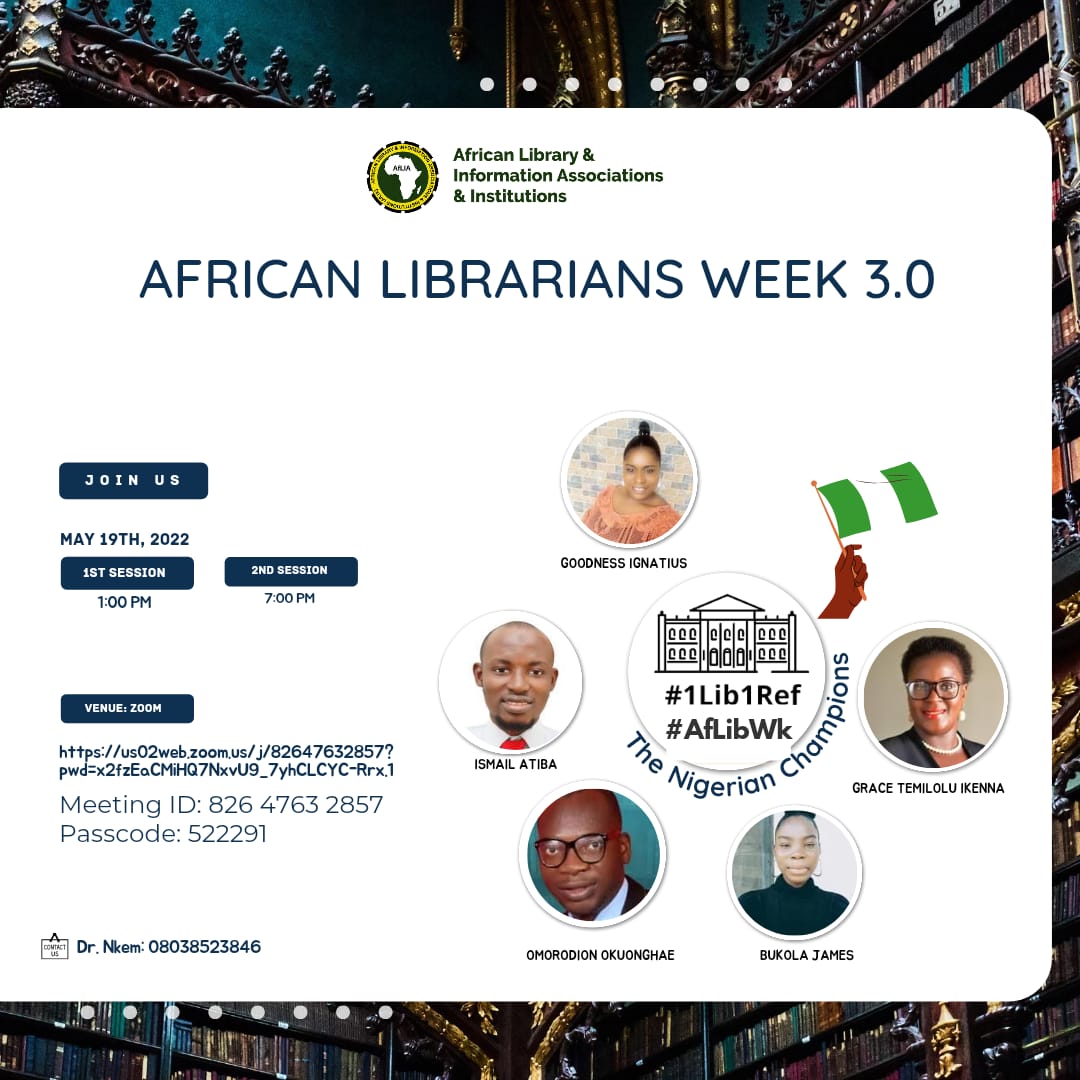 omorodionok's tweet photo. Team #Nigeria will be organizing two training sessions on Thursday to prepare participants for the @AfLIACon African Librarians Week #1lib1ref campaign. Anyone interested in learning how to participate in the #1libref campaign is welcome to join. https://t.co/TYO0y3Rhjd