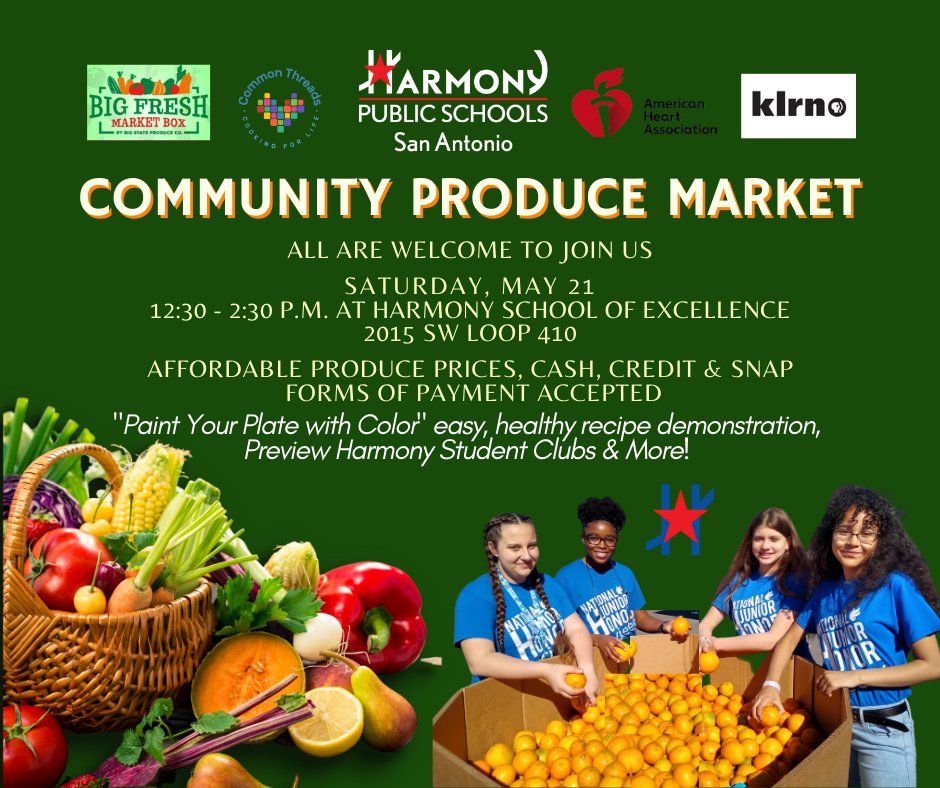 📢Come to our first Community Produce Market @HSExcellenceSA on Saturday, May 21. We'll be there from 12:30 - 2:30 p.m. You can purchase a variety of fruits and vegetables to try! All are welcome! @SACharterMoms  <a href="/alamoranch151/">Alamo Ranch/151 Biz</a> @HsasaTigers <a href="/HSISanAntonio/">HSI-San Antonio</a> <a href="/SAHispanicCC/">SA Hispanic Chamber</a> 🍎🥕🥦🍊🥑
