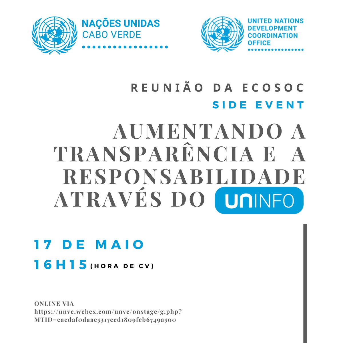 UNCaboVerde's tweet photo. CaboVerde partilha hoje 16h15 (CV) à margem da reunião da #ECOSOC sua experência no uso do #UNINFO plataforma k promove transparência. Evento é co-organizado p/ Missões Permantes de #CaboVerde #Suiça e #DCO Deputy Director @RKalapurakal @carogazevedo @UN_SDG.
Link n/ comentários https://t.co/ASHsRx1R1O