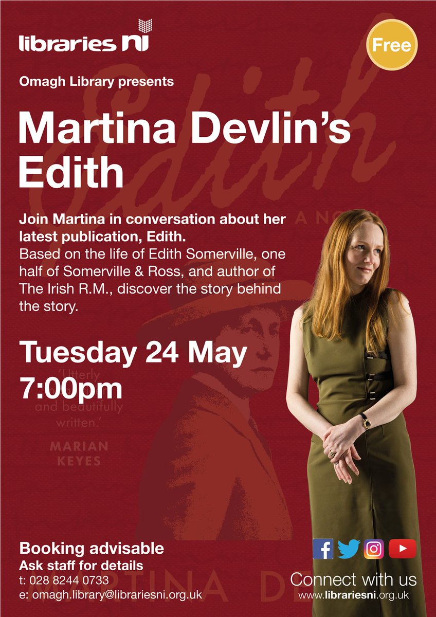 LibrariesNI's tweet photo. Join @DevlinMartina in Omagh Library next week as she discusses her new book Edith! 🙌
Booking advisable - please contact the library directly
t: 028 8244 0733
e: omagh.library@librariesni.org.uk https://t.co/773MfDZaCr
