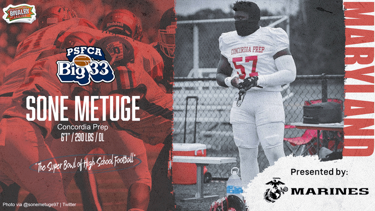 AmericanRivalry's tweet photo. Congratulations to Concordia Prep defensive lineman Sone Metuge on his selection to the Big 33 Football Classic. 

Help Sone earn $1,000 for his school by naming him Team Maryland 'Fan Favorite'

🗳️ https://t.co/aUOXbcQnqT https://t.co/oORet226Lu