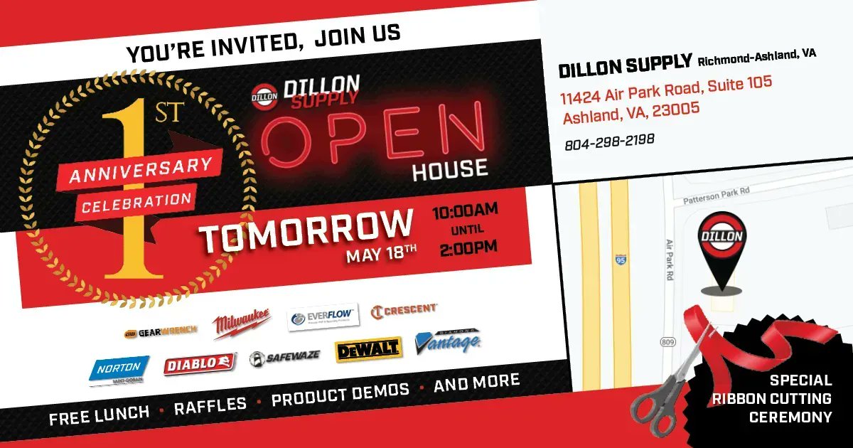 See you TOMORROW! <a href="/DillonSupply/">Dillon Supply</a> #RichmondVirginia #richmondva  buff.ly/3LCVC5S
<a href="/SaintGobainNA/">Saint-Gobain North America</a> <a href="/DiabloTools/">Diablo Tools</a> <a href="/Safewaze/">Safewaze</a> <a href="/DEWALTtough/">DEWALT</a> <a href="/DiamondVantage/">Diamond Vantage</a> <a href="/gearwrench/">GEARWRENCH</a> <a href="/MilwaukeeTool/">Milwaukee Tool</a>  <a href="/CrescentTools/">Crescent</a> @hanoverchamberva @VirginiaThisMorning @CBS6News @nbc12news